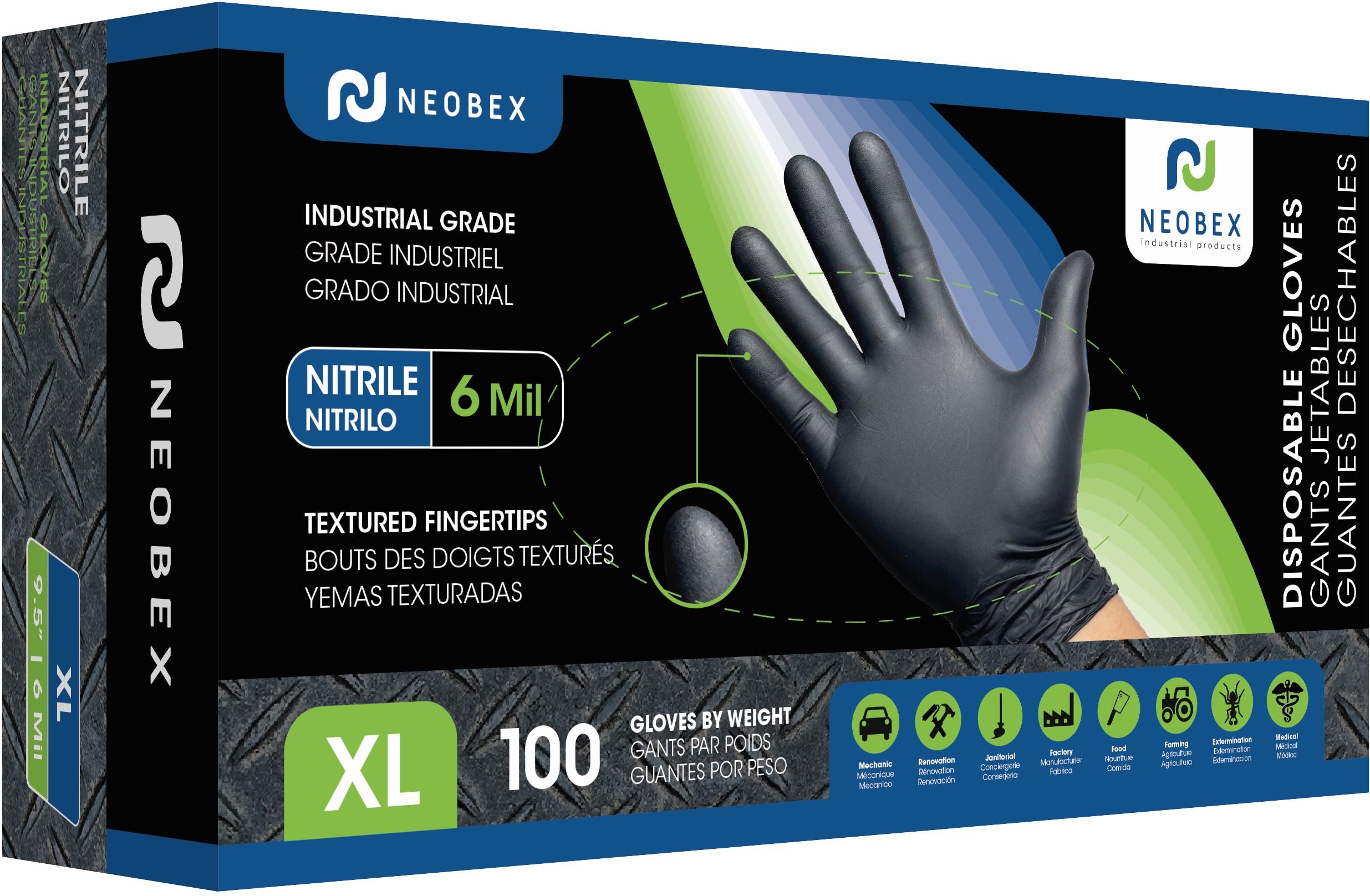 Neobex Z-1100503D - Industrial grade nitrile gloves with textured fingertips Black 6 Mil