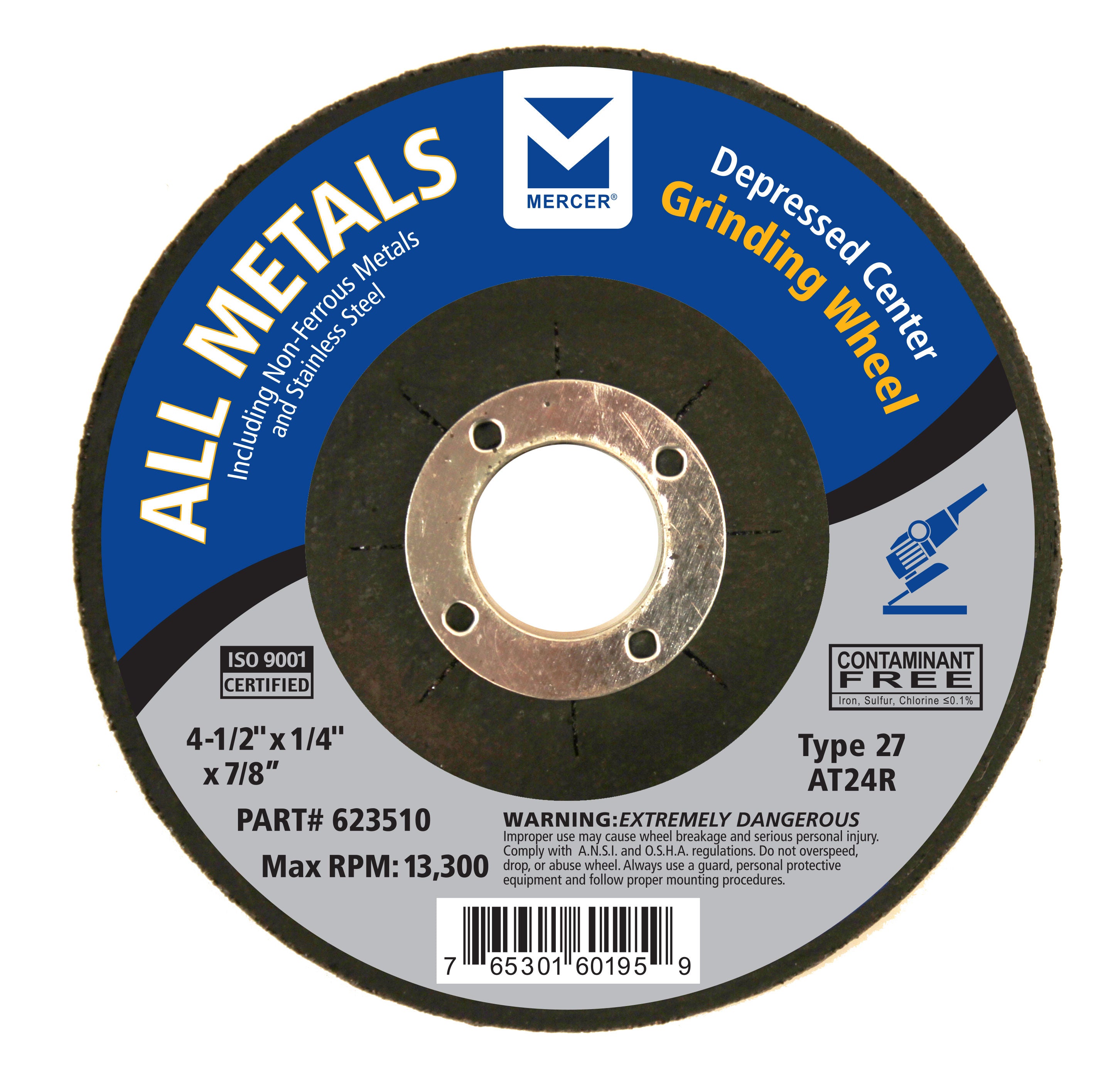 4-1/2"x1/4"x7/8" AT24R T27 Depressed Center Grinding Wheel for Stainless Steel - Single Grit