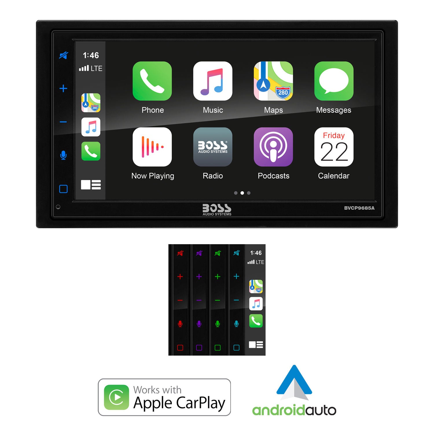 Boss BVCP9685A - Double-DIN, Apple CarPlay, Android Auto, MECH-LESS Multimedia Player (no CD/DVD) 6.75" Touchscreen Bluetooth