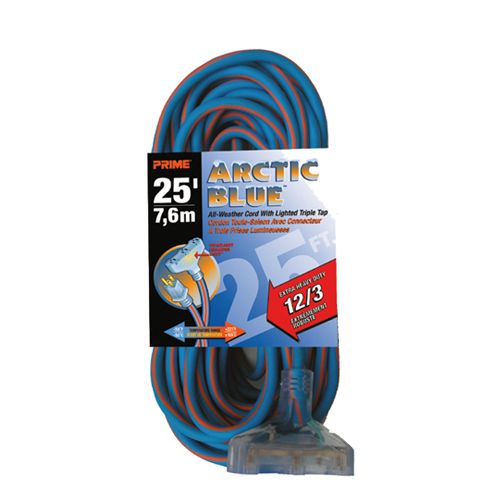 Prime Products LT530825 - Arctic Blue, All-Weather TPE-Rubber Lighted End Extension Cords With Primelok & Primelight 25'