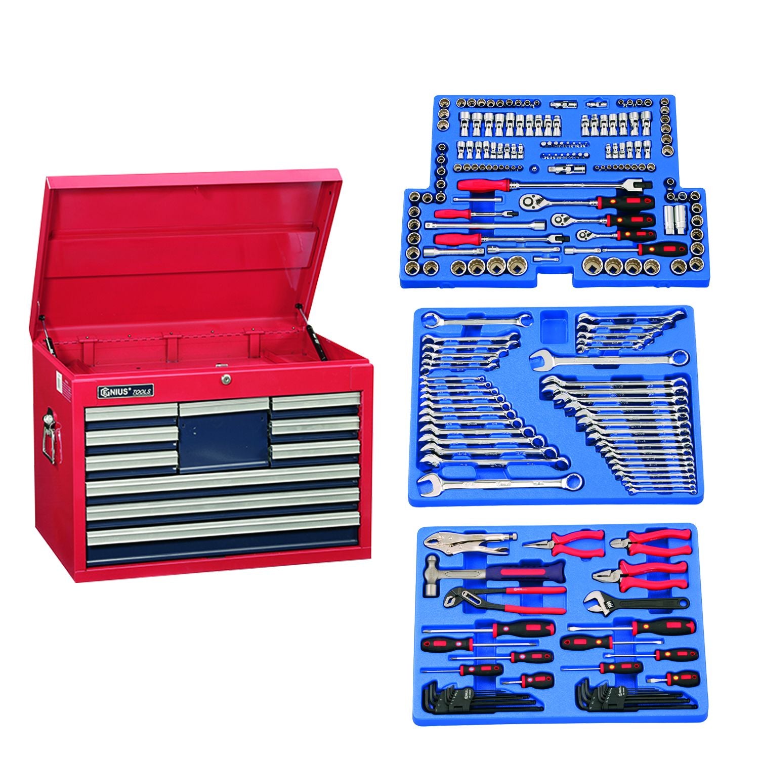 Genius MS-215TS - 215 Piece 1/4", 3/8" & 1/2" Drive Metric & SAE Tool Set and Top Chest with 10 Drawers
