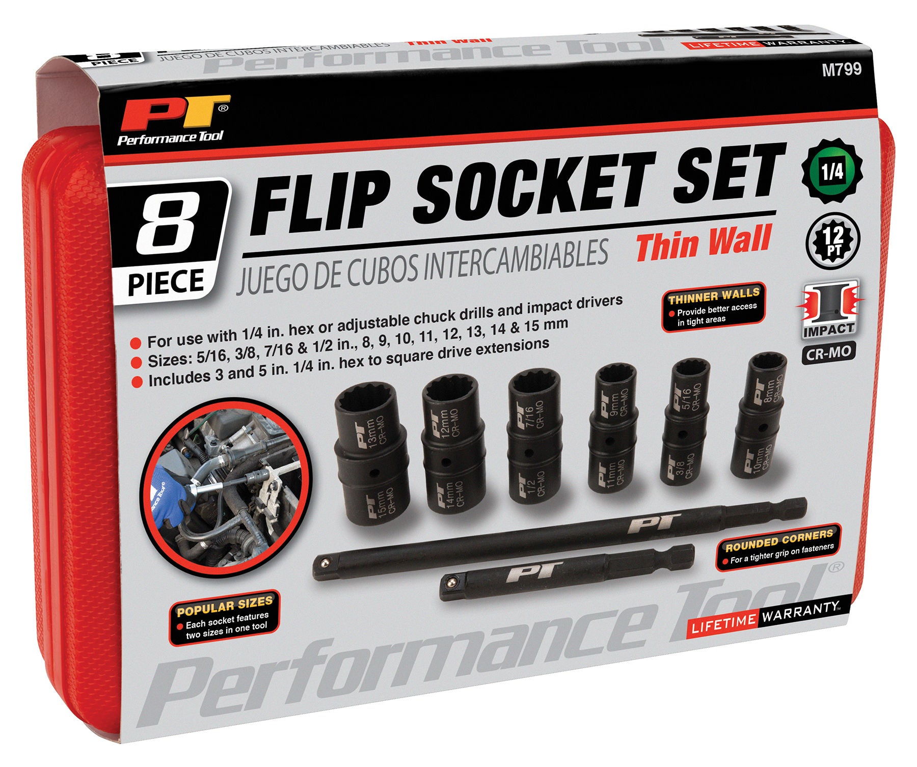 Performance Tools M799 - 8 Pcs Flip Impact Socket Set 1/4"