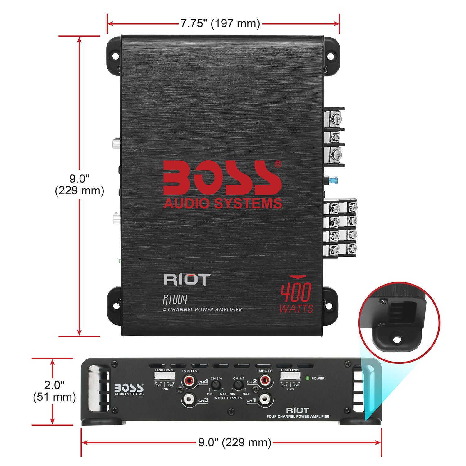 Boss R1004 - Riot Amplifier 4 channel Class A/B 400W 7.75"L x 9"W x 2"H